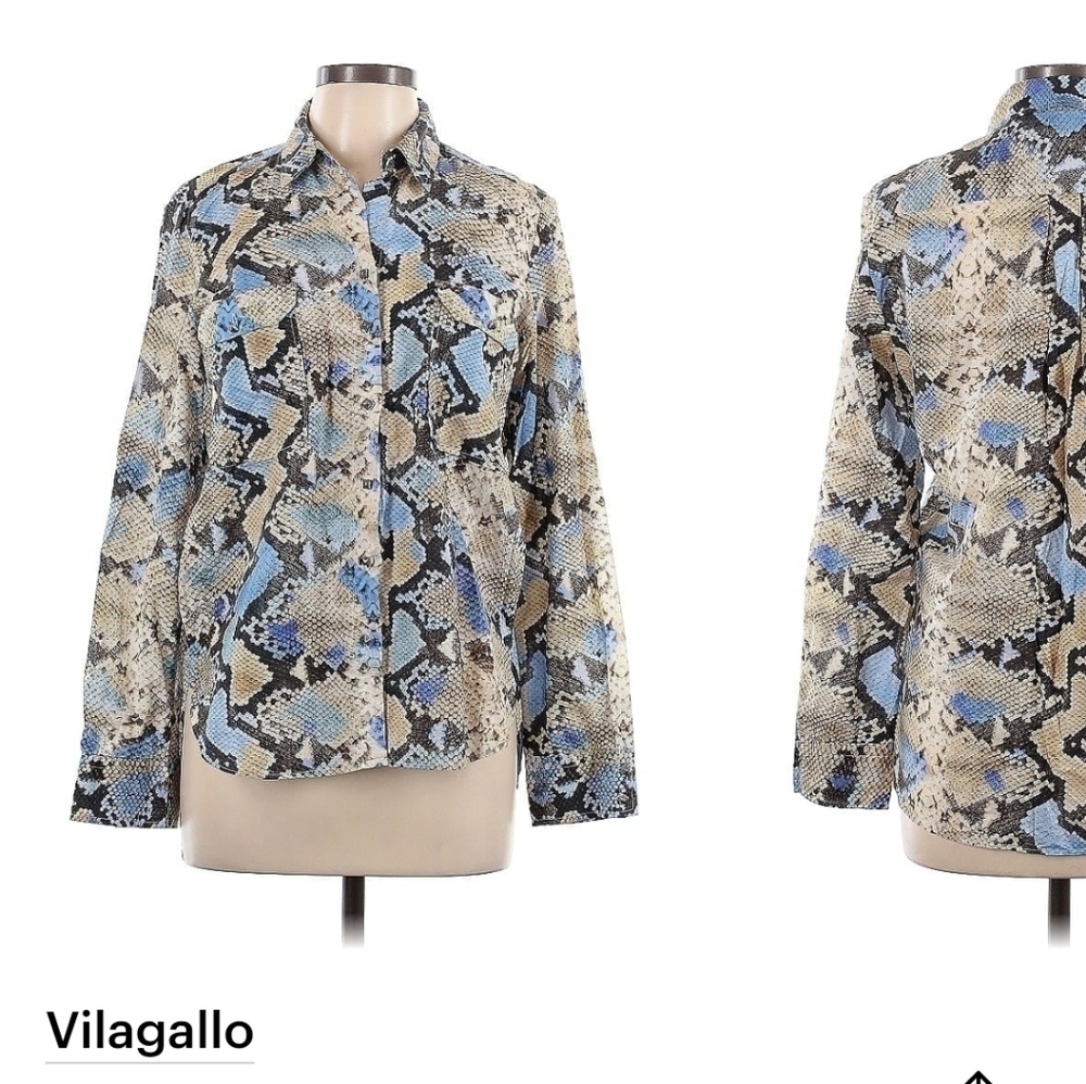 Vilagallo Blue & Cream Snake print Button Down Shirt 2 Front Pockets SIZE 48